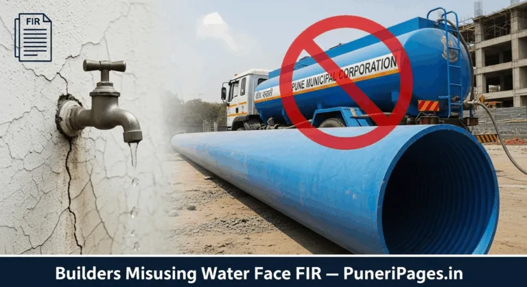 Construction site in Pune with a red prohibition mark over municipal water use, symbolizing FIR action against builders.