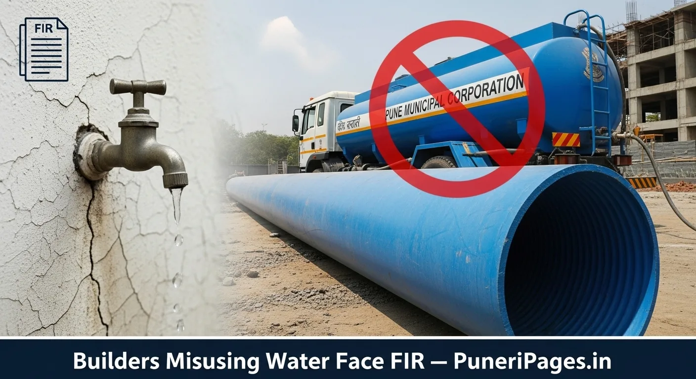 Construction site in Pune with a red prohibition mark over municipal water use, symbolizing FIR action against builders.