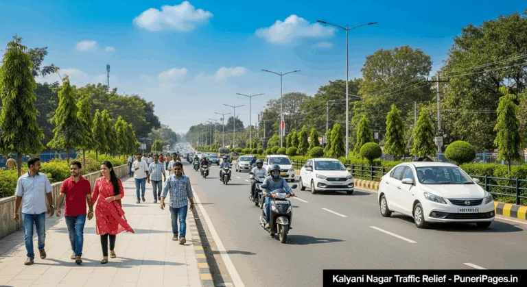 Cleared space in Kalyani Nagar after removal of problematic bus stop near Aga Khan bridge, showing smooth traffic flow and safer roads.