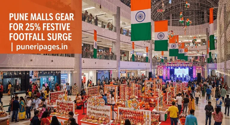 Festively decorated Pune shopping mall with tricolor flags, Rakhi displays, and crowds of shoppers during the Independence Day and Raksha Bandhan weekend