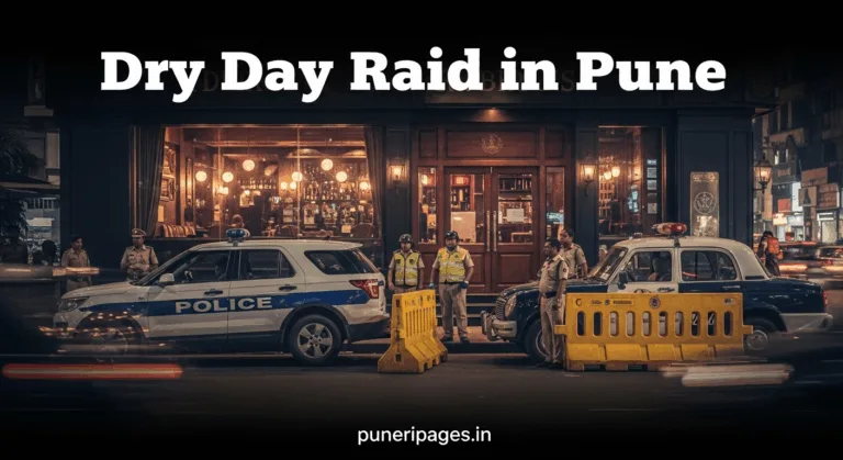 Police vehicles and officers outside Ballr Pub in Pune’s Kalyani Nagar during a late-night raid for alleged dry day liquor service.