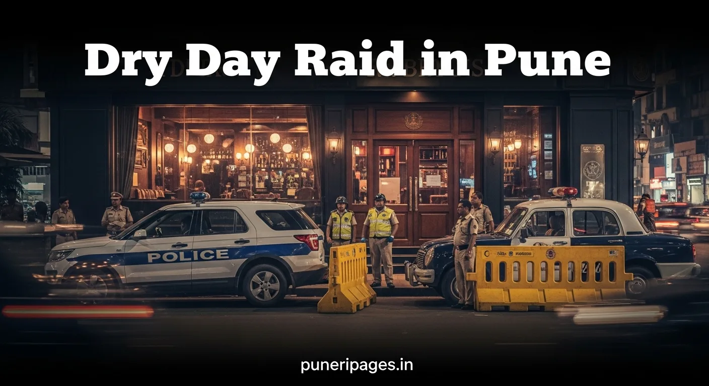Police vehicles and officers outside Ballr Pub in Pune’s Kalyani Nagar during a late-night raid for alleged dry day liquor service.