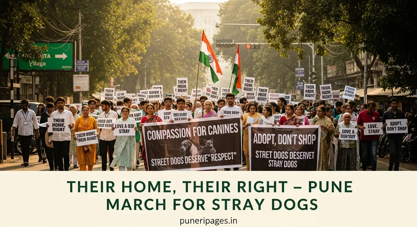 Animal welfare activists in Pune holding a silent march with placards reading 'Their Home, Their Right' to protest illegal stray dog relocation