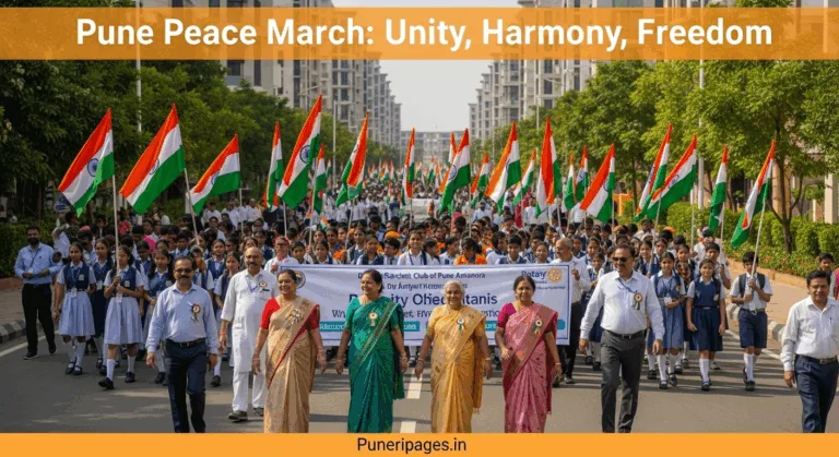 Participants of the Pune Amanora Peace March walking with tricolor flags, including students, seniors, and community leaders, led by Dr. K. H. Sancheti and Dr. Anjali Chitanis.