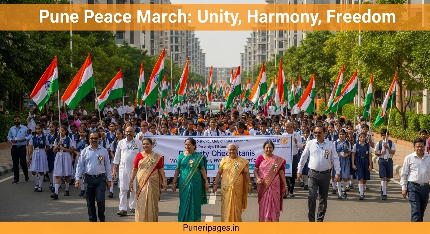 Participants of the Pune Amanora Peace March walking with tricolor flags, including students, seniors, and community leaders, led by Dr. K. H. Sancheti and Dr. Anjali Chitanis.