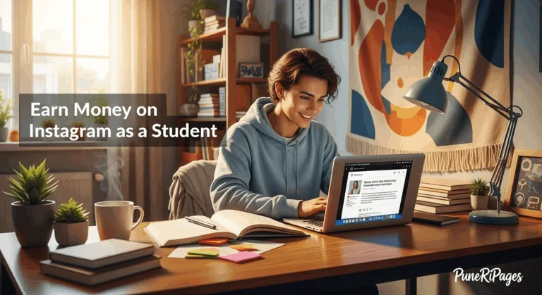 A student sitting at a desk planning Instagram content on a laptop, learning how to earn money as a student. PuneRIPages guide.
