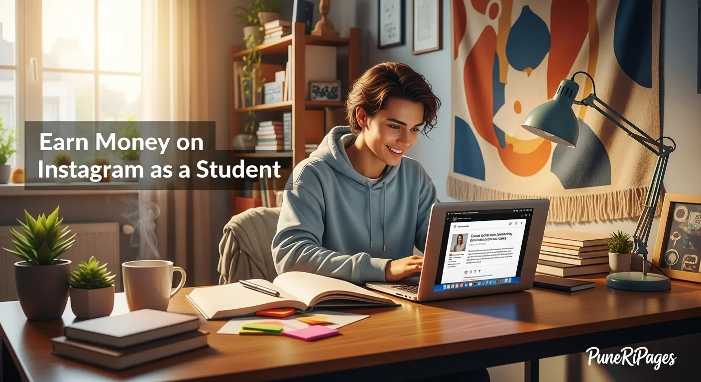 A student sitting at a desk planning Instagram content on a laptop, learning how to earn money as a student. PuneRIPages guide.
