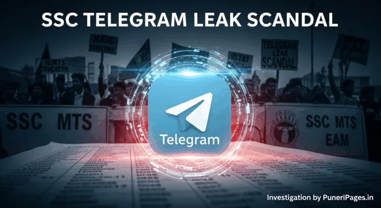 Telegram logo over leaked SSC exam paper with student protest scene in the background. Text reads: SSC Telegram Leak Scandal – Investigation by PuneriPages.in