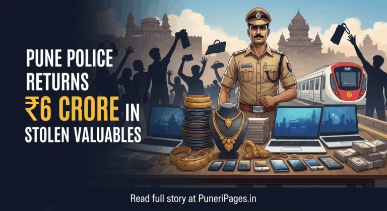 Pune Police officer with returned stolen valuables worth ₹6 crore and happy citizens in the background.