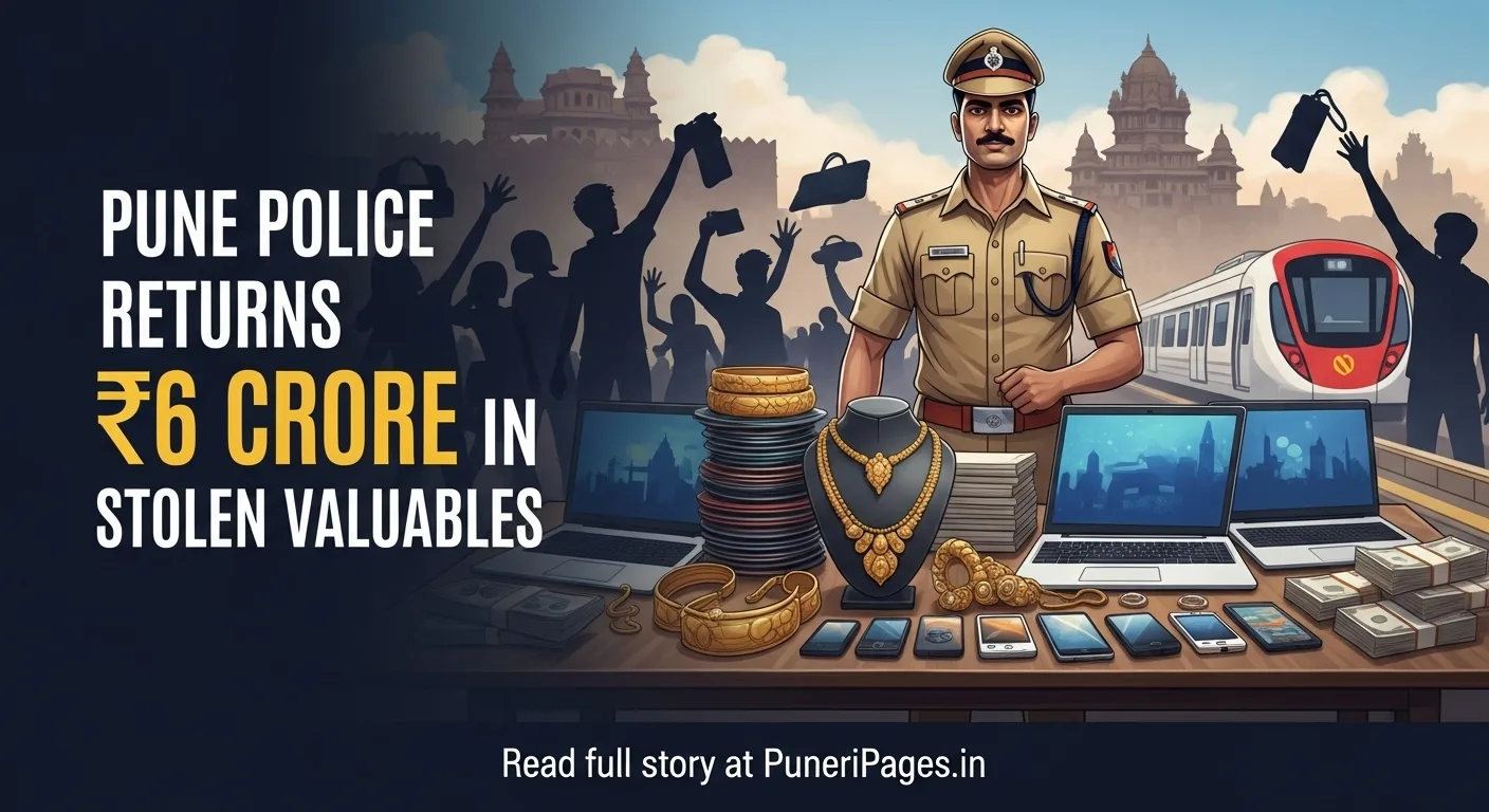 Pune Police officer with returned stolen valuables worth ₹6 crore and happy citizens in the background.
