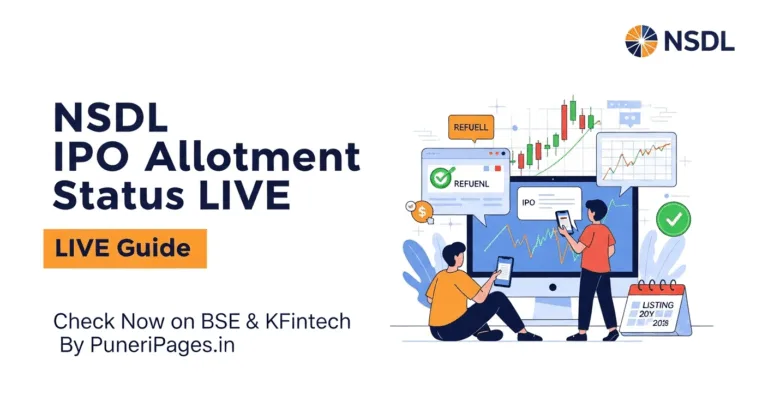 Person checking NSDL IPO allotment status on digital screens with stock charts and NSDL logo in the background, with overlay text: 'NSDL IPO Allotment Status LIVE Guide – By PuneriPages.in