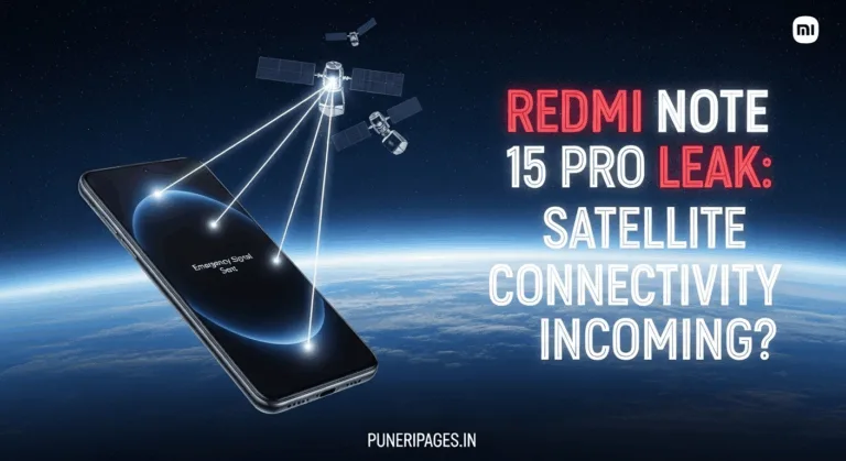 Redmi Note 15 Pro concept image showing satellite connectivity in space with puneripages.in branding