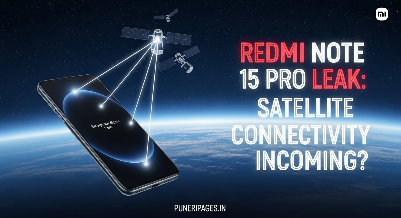 Redmi Note 15 Pro concept image showing satellite connectivity in space with puneripages.in branding
