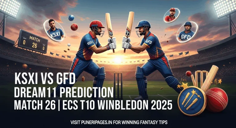 Fantasy cricket faceoff between KSXI and GFD for ECS T10 Match 26 with article and PuneriPages.in branding
