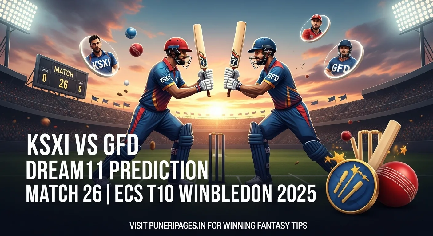 Fantasy cricket faceoff between KSXI and GFD for ECS T10 Match 26 with article and PuneriPages.in branding