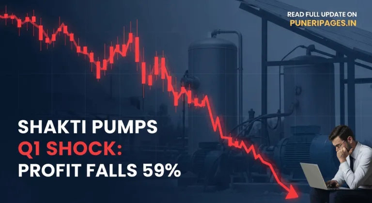 Stock market graph falling with Shakti Pumps background, highlighting Q1 FY26 profit drop.