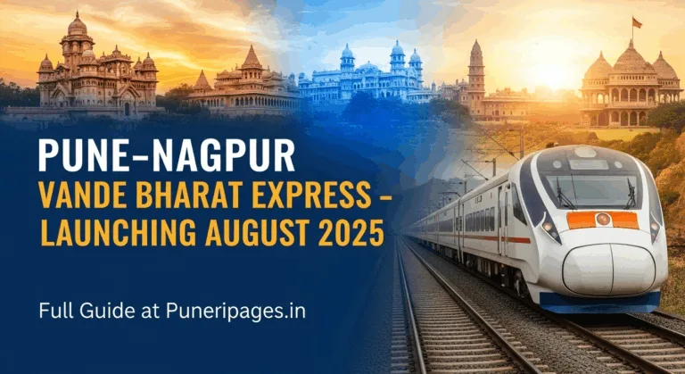 Pune-Nagpur Vande Bharat Express speeding through Maharashtra with city landmarks and launch text overlay