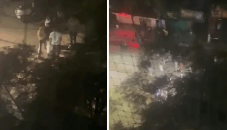 Night street in Mohammadwadi with bike racing silhouettes, scared residents indoors, and urgent text calling for police action.