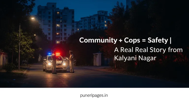 “Yerwada Police patrol car responding at night in Kalyani Nagar, Pune, with citizens interacting peacefully — a representation of community-police cooperation.”