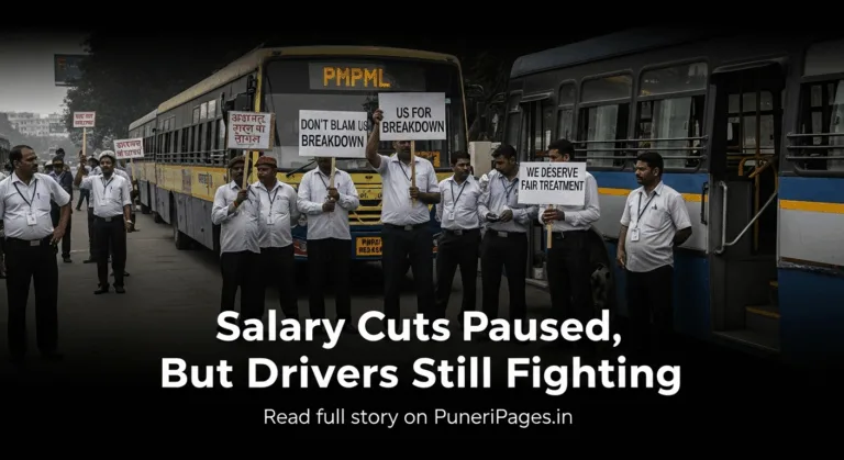 PMPML drivers protesting salary cuts with old PMPML bus in background, Pune.