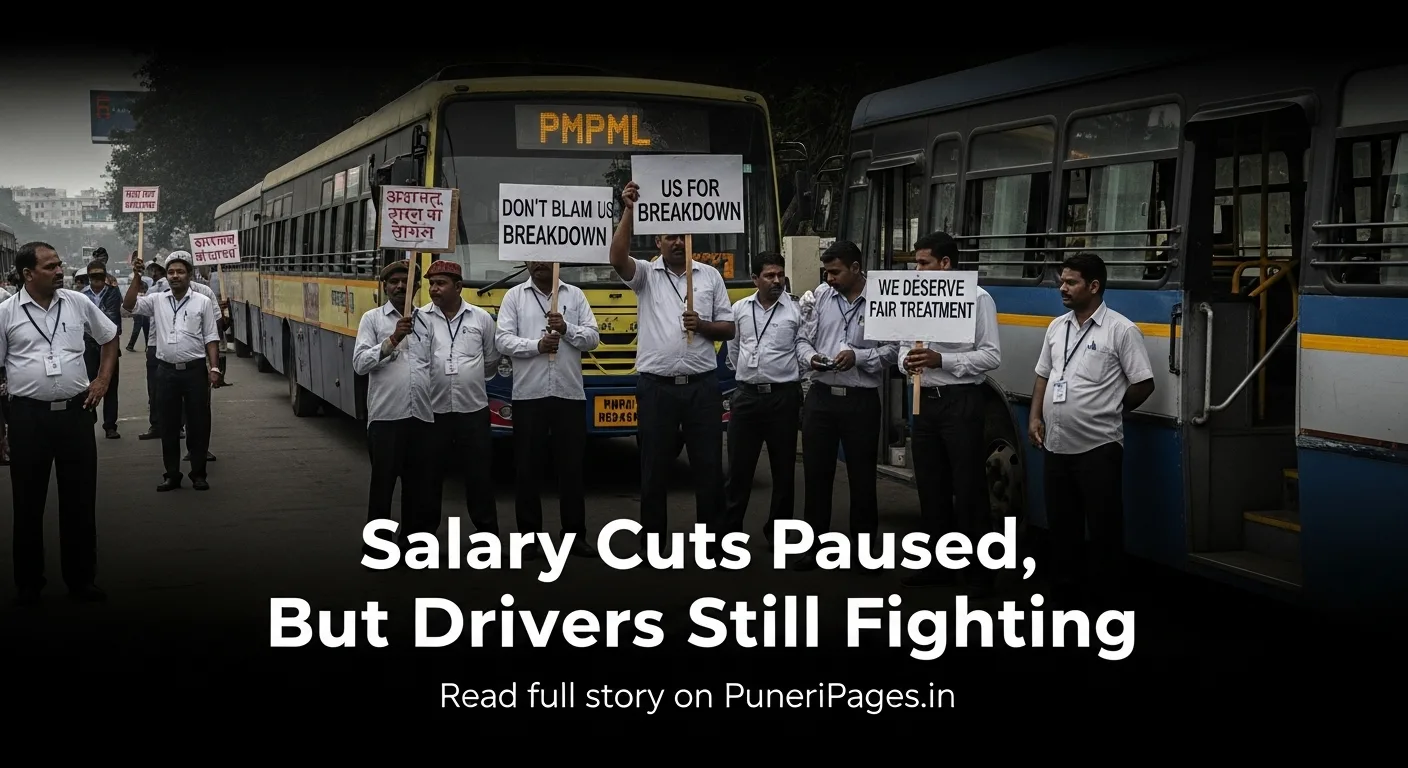 PMPML drivers protesting salary cuts with old PMPML bus in background, Pune.