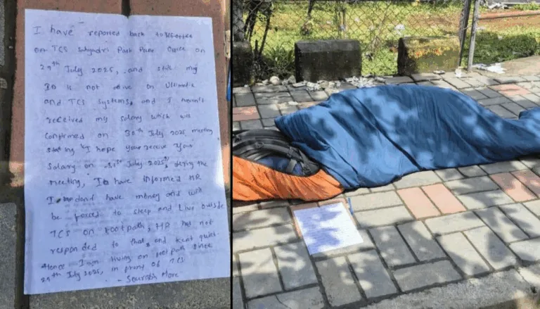 A former TCS employee protesting on a rainy footpath outside Hinjawadi IT Park with a placard demanding his salary.
