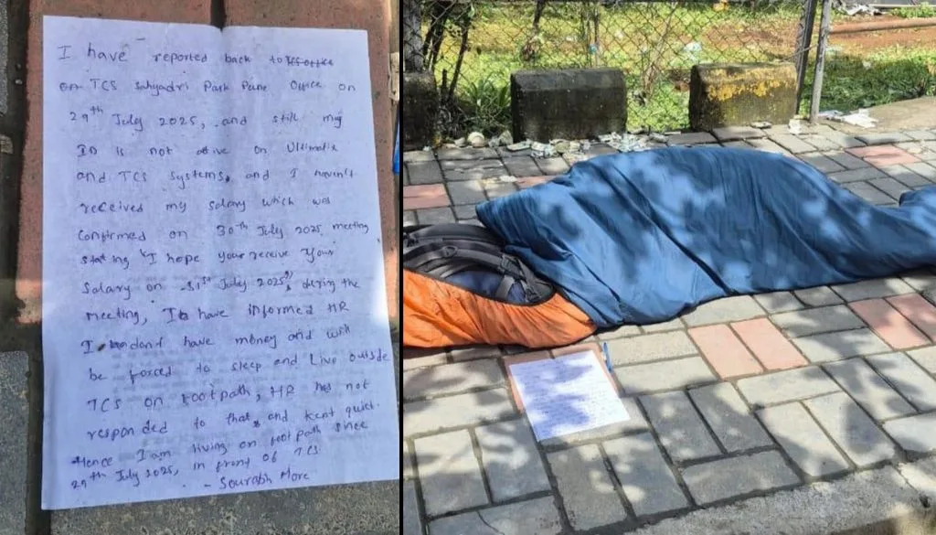 A former TCS employee protesting on a rainy footpath outside Hinjawadi IT Park with a placard demanding his salary.