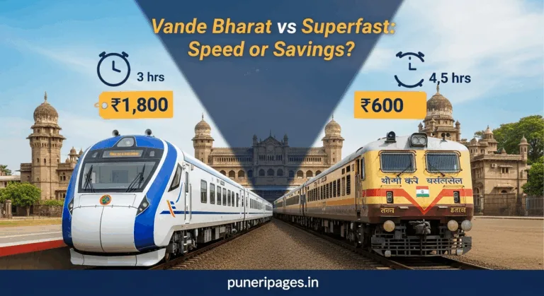 Illustration comparing Vande Bharat Express and Superfast Train with travel time and fare difference for Pune routes.