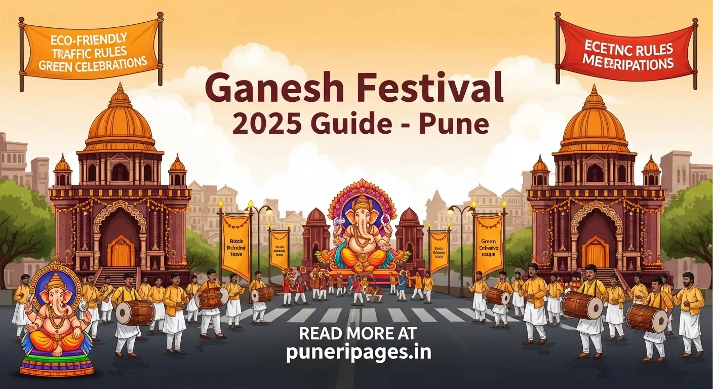 Illustration of Pune during Ganesh Festival 2025 with decorated mandals, dhol-tasha, eco-friendly idols, and article title overlay.