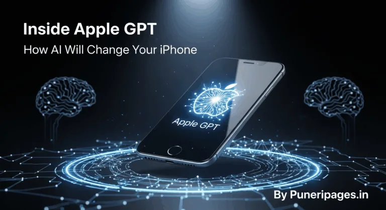 Futuristic iPhone with AI brain circuits and Apple GPT logo, featuring title text and puneripages.in branding