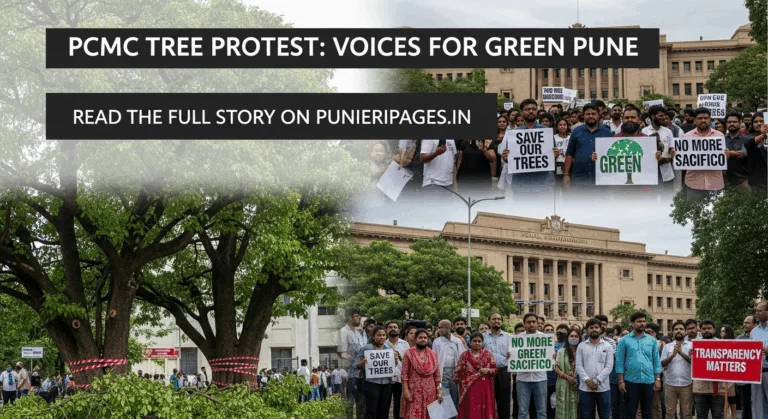 Citizens and activists protesting tree cutting near PCMC office in Pune with banners and green trees marked for removal.