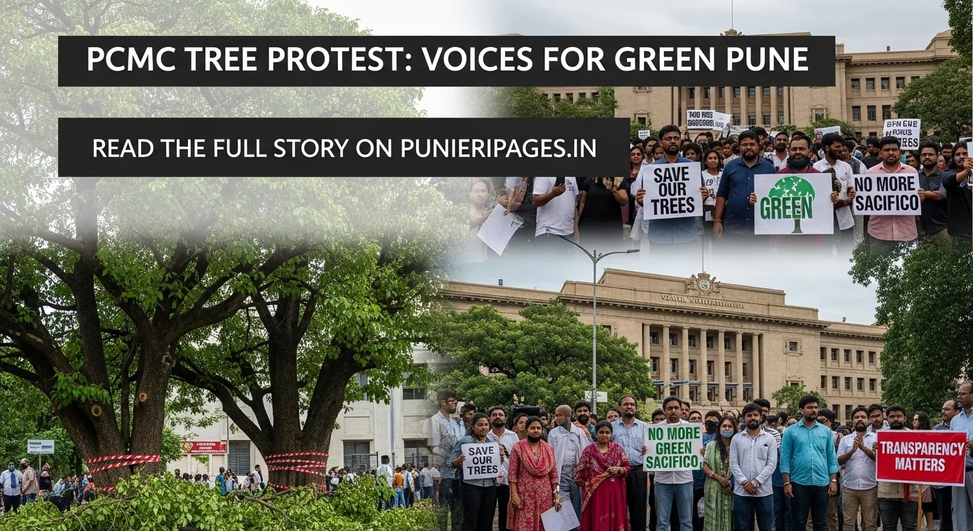 Citizens and activists protesting tree cutting near PCMC office in Pune with banners and green trees marked for removal.