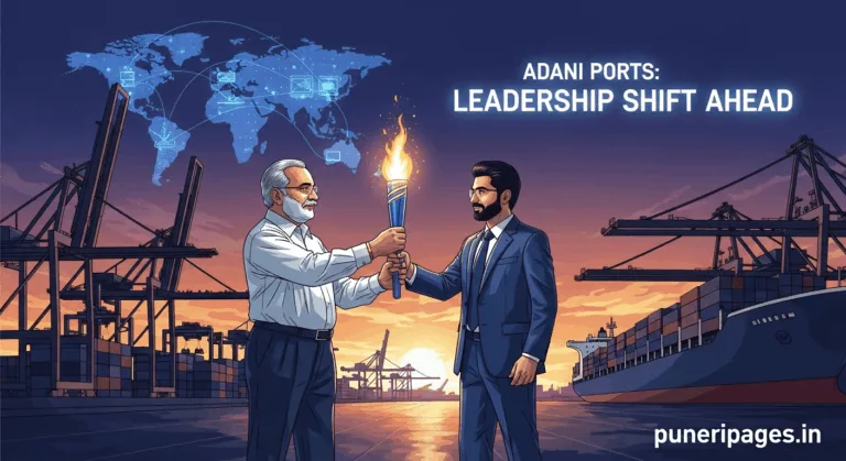 Gautam Adani handing leadership to Karan Adani in a futuristic port backdrop