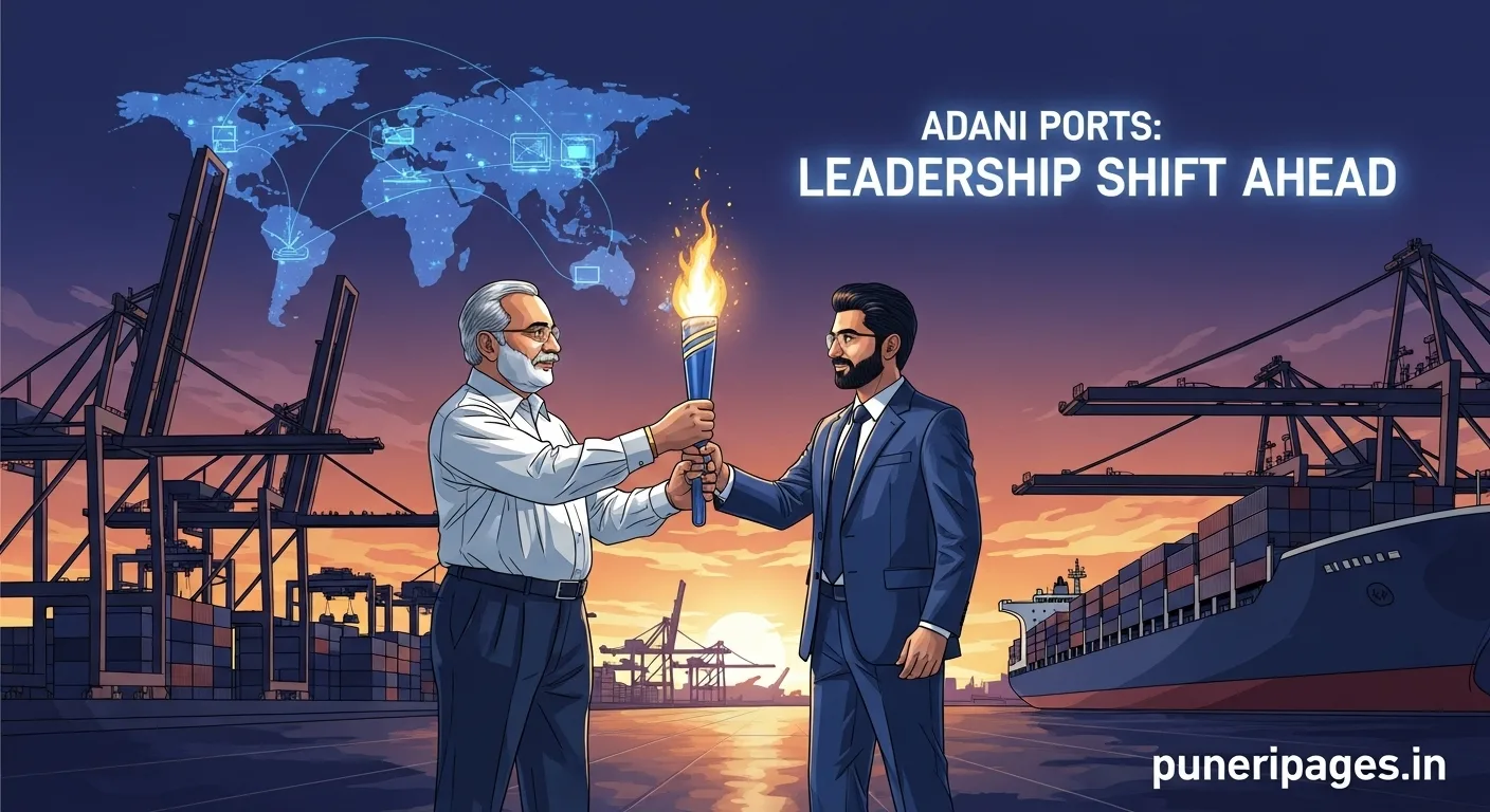 Gautam Adani handing leadership to Karan Adani in a futuristic port backdrop