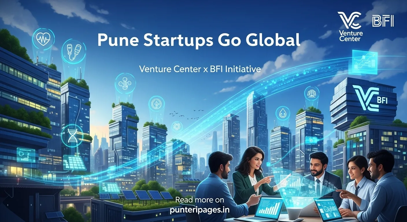 Illustration of Pune-based entrepreneurs supported by Venture Center and Blockchain for Impact, showcasing innovation in healthcare and sustainability.