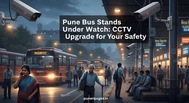 llustration of Pune MSRTC bus stand with visible CCTV cameras and commuters, highlighting a safety upgrade.