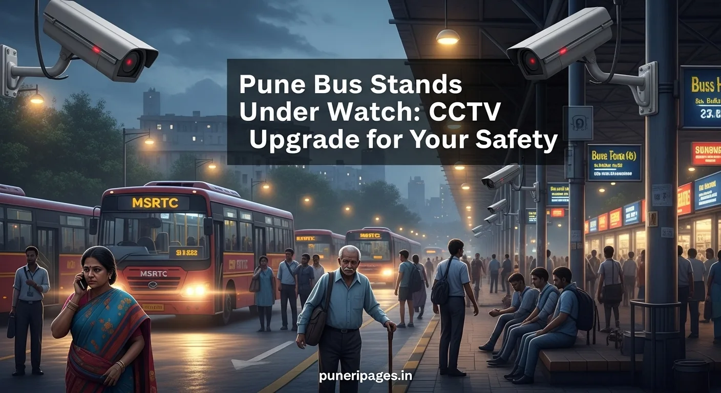 llustration of Pune MSRTC bus stand with visible CCTV cameras and commuters, highlighting a safety upgrade.