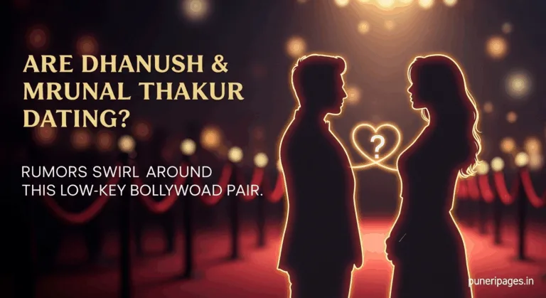 Silhouettes of a man and woman with a heart between them, text overlay asking if Dhanush and Mrunal Thakur are dating.