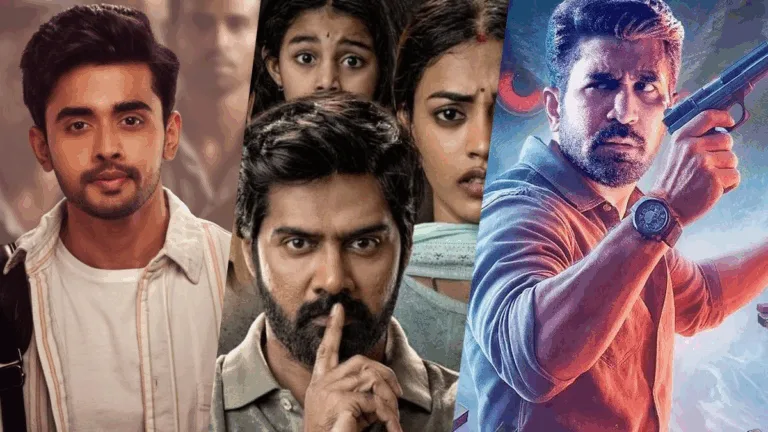 Collage of top Telugu movie and web series posters from popular OTT platforms with binge-watching setup in background