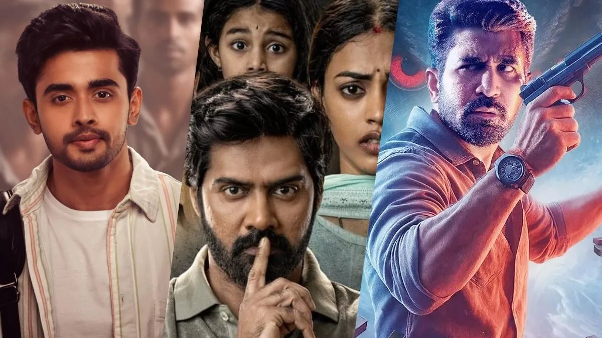 Collage of top Telugu movie and web series posters from popular OTT platforms with binge-watching setup in background