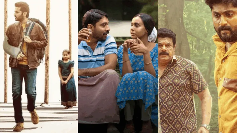 A warm Telugu living room scene with a young couple sharing a quirky moment, symbolizing the romantic and comedic vibe of Surabhila Sundara Swapnam.