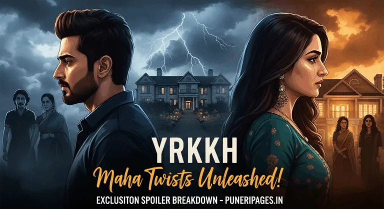 Emotional split image of Armaan and Abhira from YRKKH with storm clouds over Poddar mansion and warm lights over Goenka house. Text reads 'YRKKH Maha Twists Unleashed!' and 'puneripages.in