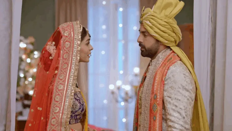Emotional scene of Shivansh forcing Prarthna into marriage under a wedding mandap in Kumkum Bhagya