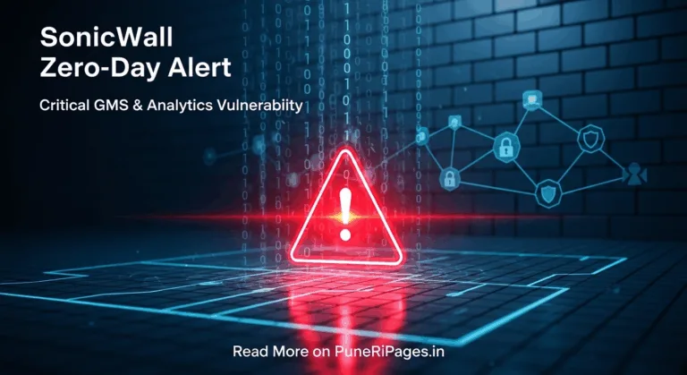 Cybersecurity alert graphic showing SonicWall zero-day vulnerability warning with red triangle and binary background.