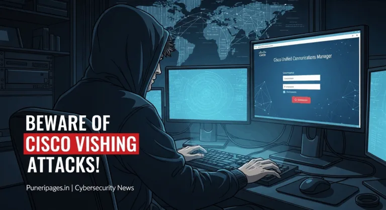 llustration of a hacker conducting a vishing attack using a fake Cisco login screen, representing a cybersecurity threat.