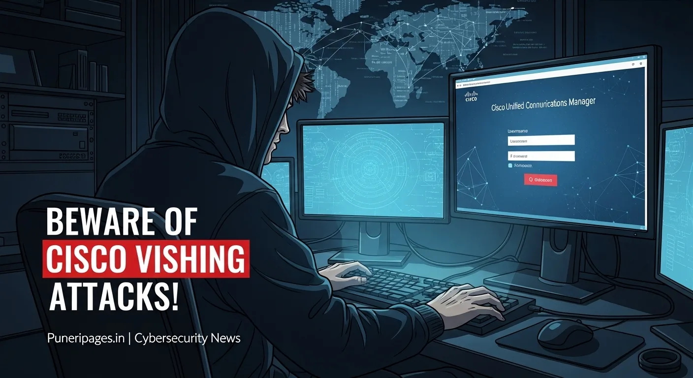 llustration of a hacker conducting a vishing attack using a fake Cisco login screen, representing a cybersecurity threat.