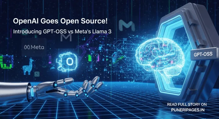 A digital brain labeled GPT-OSS being released from OpenAI into the open-source world, with competing logos in the background.