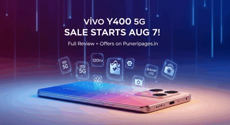 Promotional image of the Vivo Y400 5G smartphone with color-changing back and floating icons showing features like 64MP OIS camera and 120Hz AMOLED display.