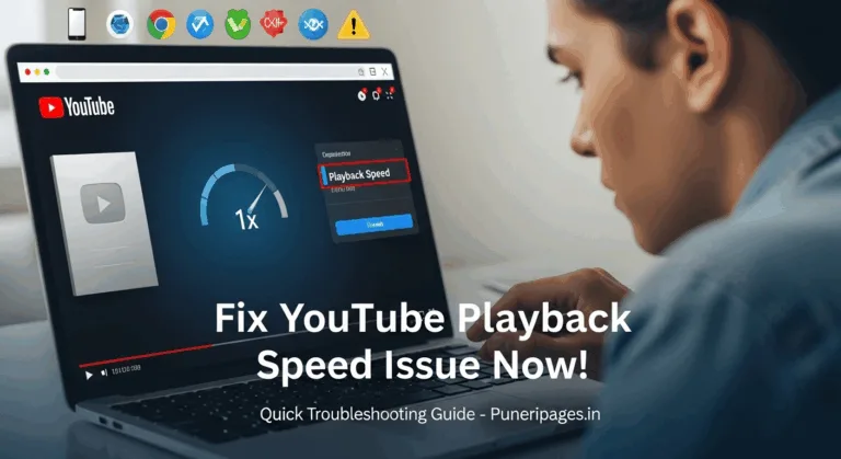 Frustrated user facing YouTube playback speed error on laptop with troubleshooting icons and puneripages.in branding.