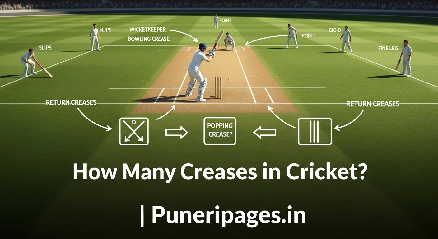 A cricket pitch diagram showing all creases clearly labeled with player silhouettes and stumps in view